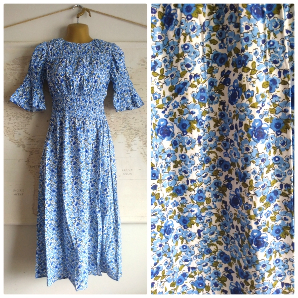 NEW Midi Smock Dress in Blue Ditsy Floral, Size US 4 (UK 8)